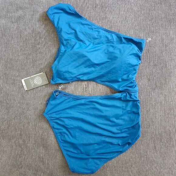 Vince Camuto Azure Blue Asymmetric knotted neck cut out side swimsuit Sz 10 - Picture 5 of 10